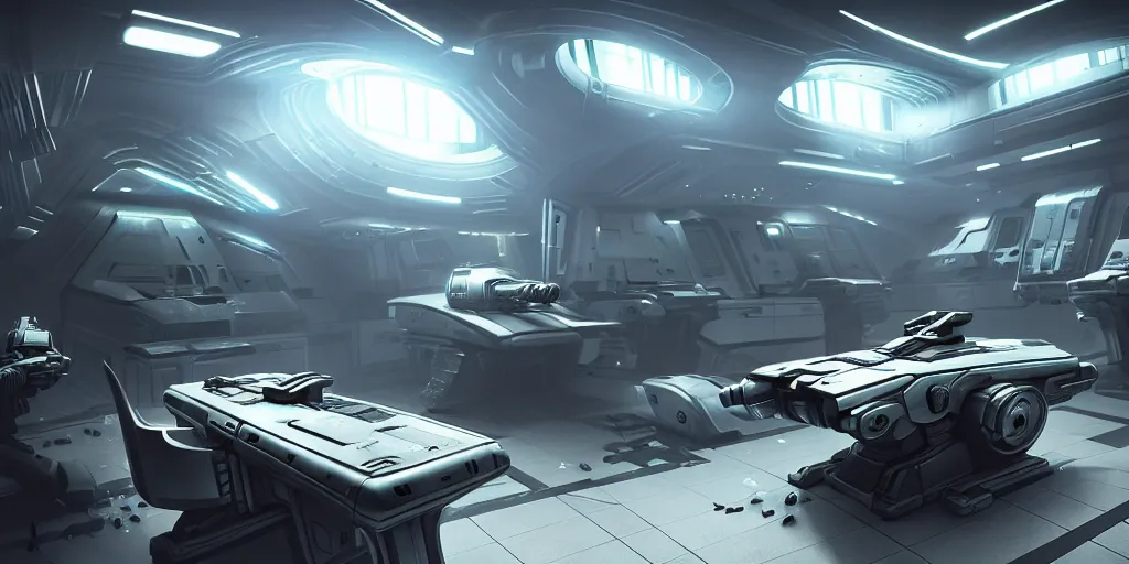 Image similar to ultra realistic, concept art, a variety of futuristic laser guns on a table in a locker room, science fiction, intricate details, eerie, highly detailed, octane render, unreal, straight lines, sharp