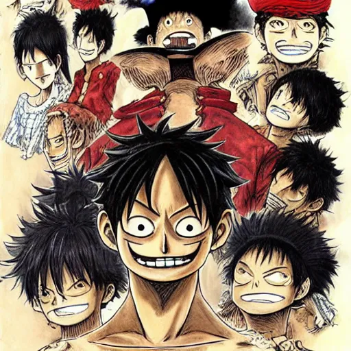 Image similar to [ luffy mustache ] ( by kim jung gi ) ( by george morikawa ) ( by kentaro miura ) ( by eiichiro oda )