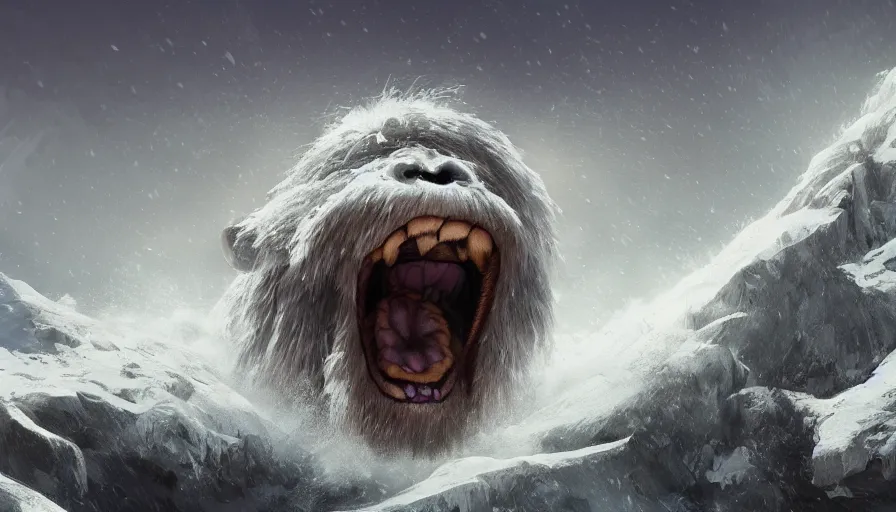 Image similar to Digital painting of a giant yeti roaring to the sky in a middle of snowy mountains, hyperdetailed, artstation, cgsociety, 8k