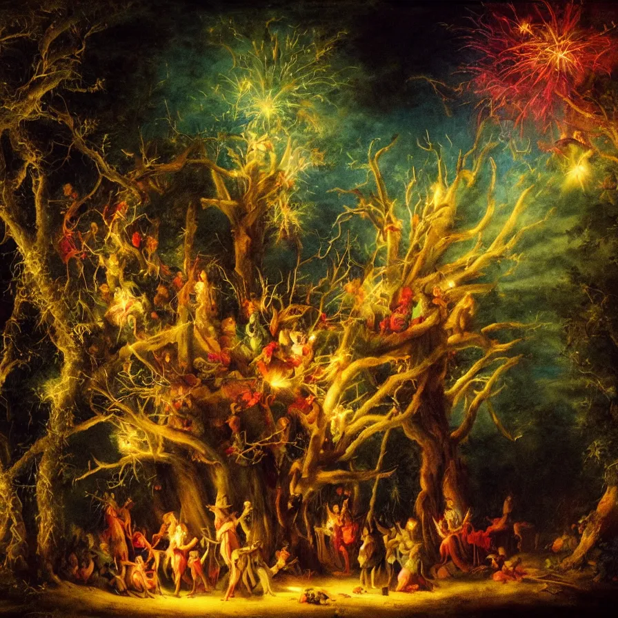 Image similar to closeup of a night carnival inside a tree cavity in a magical forest in the middle of a summer storm, with a music scenario with many fireworks and christmas lights, volumetric lightning, instense god rays in the sky, folklore people disguised with fantastic creatures in a magical forest by summer night, masterpiece painted by ary scheffer, very coherent and colorful high contrast masterpiece,