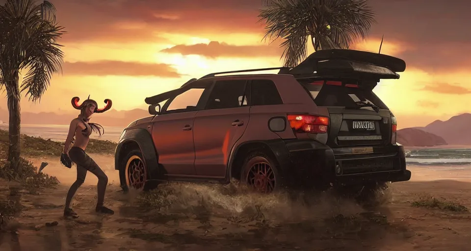 Prompt: highly detailed gran vitara modificated by hoonigan in gta v, sunset in ecuador, happy ambience, stephen bliss, unreal engine, fantasy art by greg rutkowski, loish, rhads, ferdinand knab, makoto shinkai and lois van baarle, ilya kuvshinov, rossdraws, tom bagshaw,