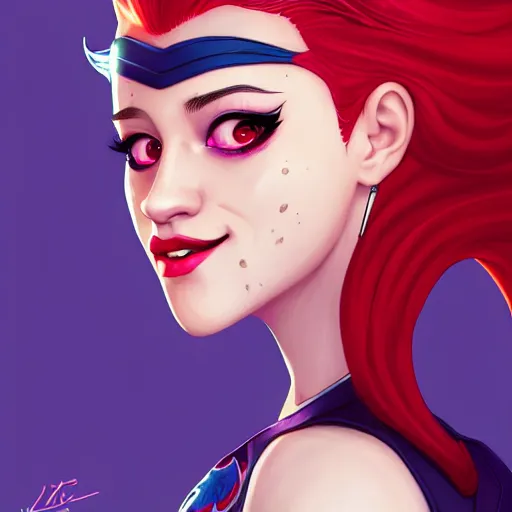 Image similar to a portrait of Lili Reinhart Batgirl comics, red hair, art by lois van baarle and loish and ross tran and rossdraws and sam yang and samdoesarts and artgerm, digital art, highly detailed, intricate, sharp focus, Trending on Artstation HQ, deviantart, unreal engine 5, 4K UHD image