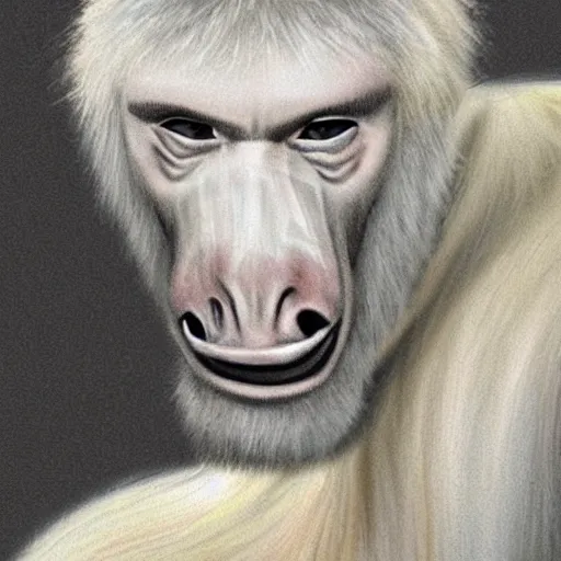 Image similar to A creature consisting of a white ape and a black horse