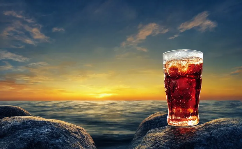 Image similar to a cubic cup of coca-cola with small gas bubbles on a rock near the sea at sunset, anime style, 8k hdr, hyperrealistic, highly detailed, high quality, high coherence, godrays, complementary colours, turbulent sea, path tracing, breathtaking landscape, cinematic lighting, concept art, trending on Artstation