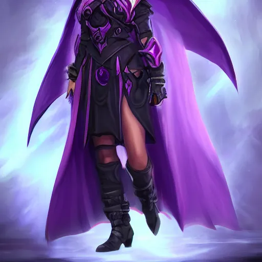 Image similar to female warlock long hood cloak purple, fighting dark evil monster from hell in magic world, 8 k, trending on artstation by tooth wu ”