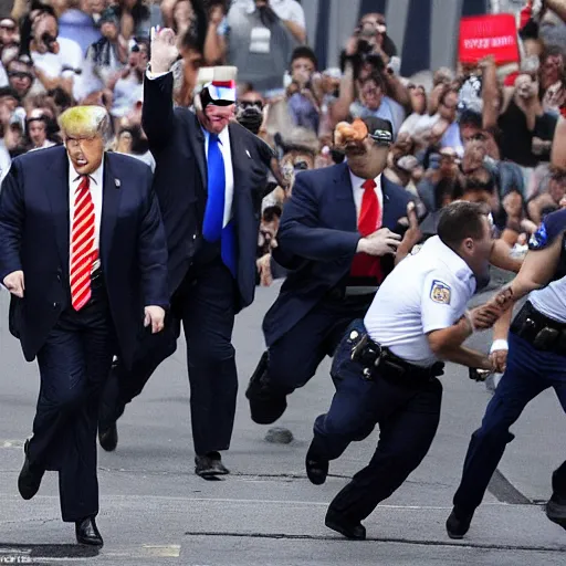 Image similar to donald trump running from policemen that are chasing him behind him, helicopters and explosions in the background