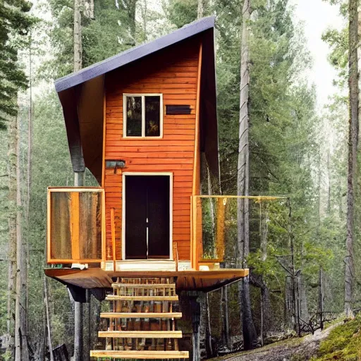 Image similar to Ramped Entrance - 'Woodnest' Cabin Is a Tiny Self-Supported Tree House in This Norwegian Forest, orange dawn, Nice colour scheme, soft warm colour. Studio Gibli. Beautiful detailed watercolor by Lurid. (2022)