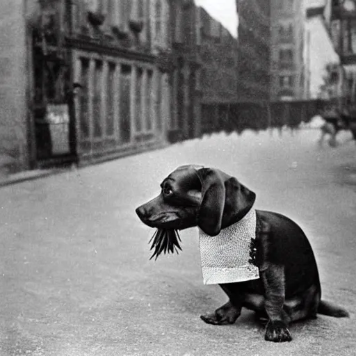 Image similar to a cinematic scene of a steampunk dachsund dog doing a investigation on a crime scene in 1901 new york streets