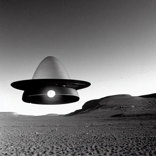 Image similar to president eisenhower aboarding a ufo in the desert, black and white photo