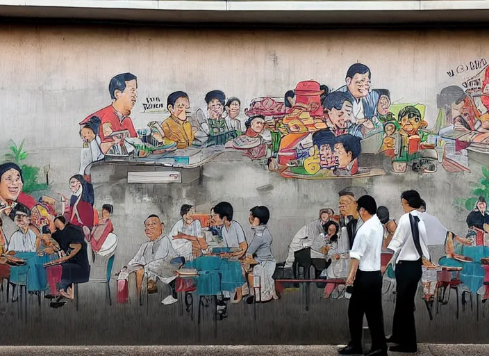 Image similar to Singapore prime ministers in a hawker centre, by Yip Yew Chong, street art