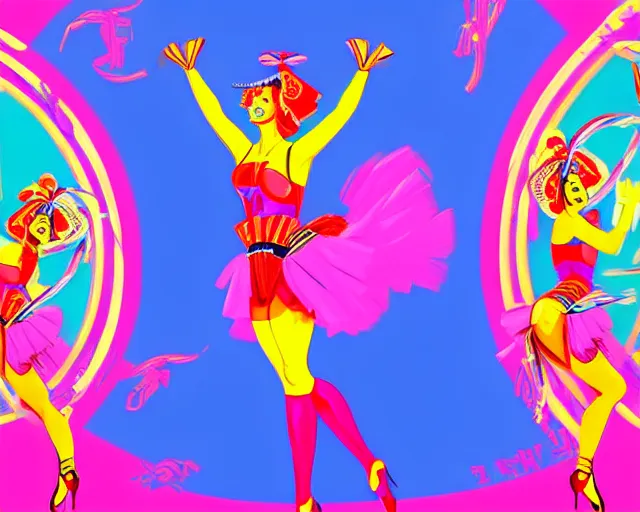 Image similar to britney spears as a cancan dancer in art deco style, hyper realistic, artstation, illustration, digital paint, matte paint, vivid colors, bright, cheerful, detailed and intricate environment