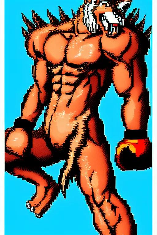 Image similar to extreme long shot. 8 bit nes graphics. antropomorphic muscular masculine wolf. kickboxer fighter, in shorts. wolf head. fine details, very sharp, art from nes game cartridge, 8 0's, vhs artefacts, vaporwave style, marc simonetti and hermann nitsch.