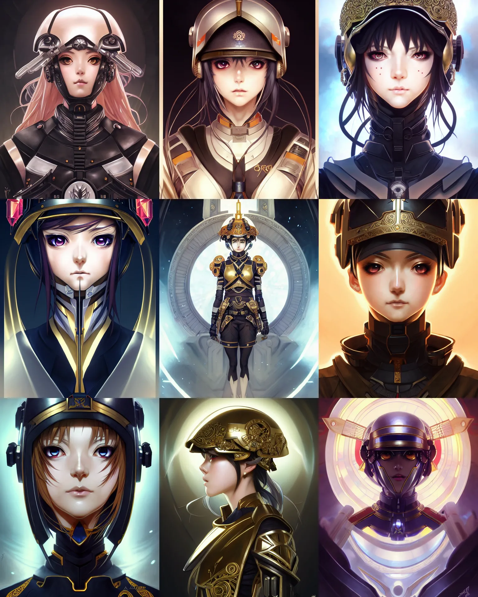 Prompt: symmetry!!!!!! beautiful anime soldier girl close portrait, sci - fi, wearing ornate helmet, ultra detailed, elegant, intricate, anime, dynamic lighting, dnd, glowing lights, digital art, digital painting, artstation, wlop, sharp focus, illustration, art by artgerm and greg rutkowski and alphonse mucha, 8 k