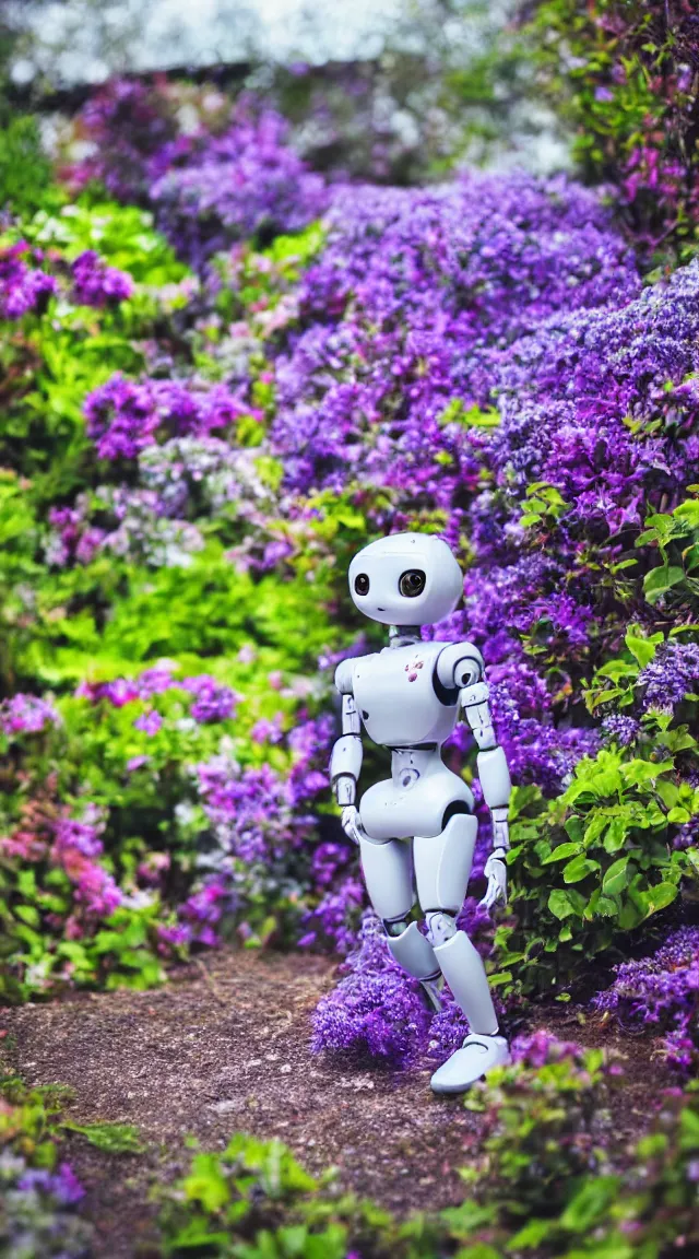 Image similar to single toy humanoid robot in a garden looking around, hyper detailed, sharp focus, bokeh, unreal engine, ray tracing, cute, fantasy, sci fi, purple flowers, blue flowers, violet flowers, glowing flowers, tiny, small, hyper realistic, sky