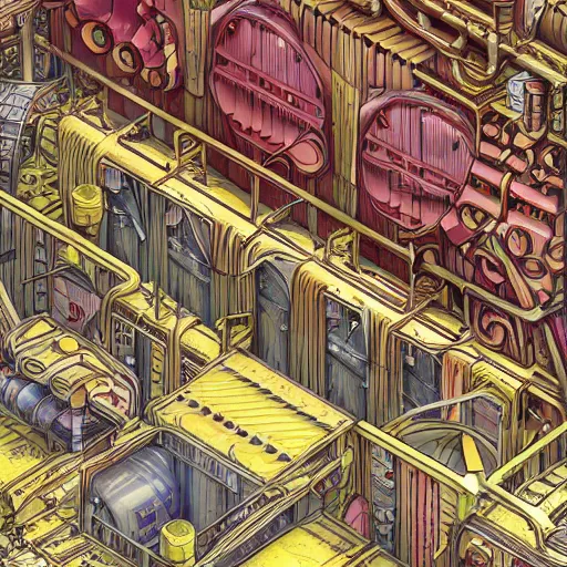 Image similar to fineline painting of an isometric steampunk strawberry jam factory, colour pallette of strawberry shortcake, incredible detail, vray render subsurface scatter drum scanner, intricate complexity, golden ratio, cartoon animation pendleton ward, karol bak, 8 k detail