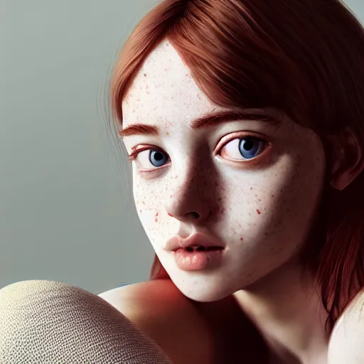 Image similar to portrait of a cute thin young woman, red blush, cute freckles wearing casual clothes, small smile, relaxing on a couch, cozy living room, close up shot, 8 k, art by diego fazio and irakli nadar, hyperrealism, hyperdetailed, ultra realistic