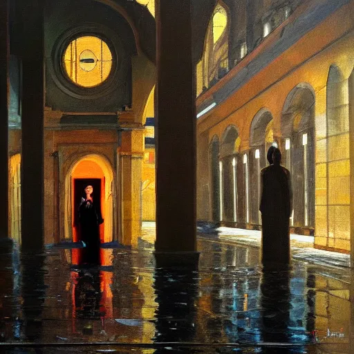 Prompt: scene, moment, beautiful woman, courtyard, capital, cybermosque interior, control panel, watcher, omniscient, tech noir, wet reflections, impressionism, matte painting, speed painting, chiaroscuro, oil on canvas