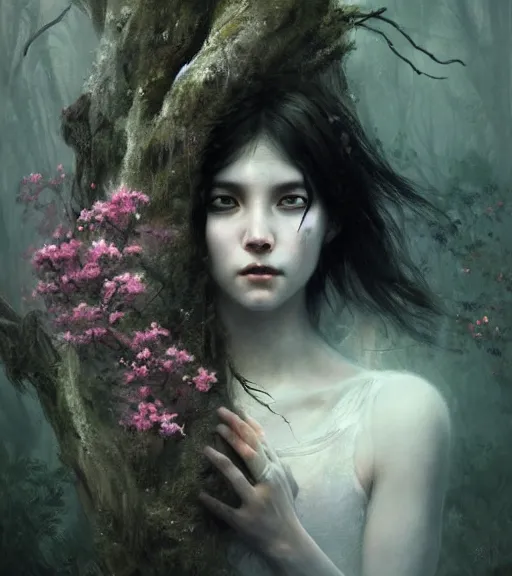 Prompt: a beautiful terrifying but gorgeous spirit, hard light sad female portrait black eyes twisted trees, crying tears, butterfly, blooming made of flowers. ethereal horror fantasy art by greg rutkowski and raymond swanland and monet, ruan jia, by wlop,