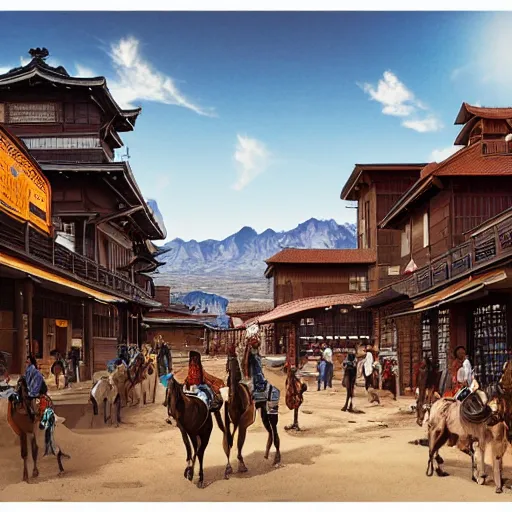 Prompt: Sprawling view of american Western Cowboy Town with Edo Period Japan design; trending on Artstation