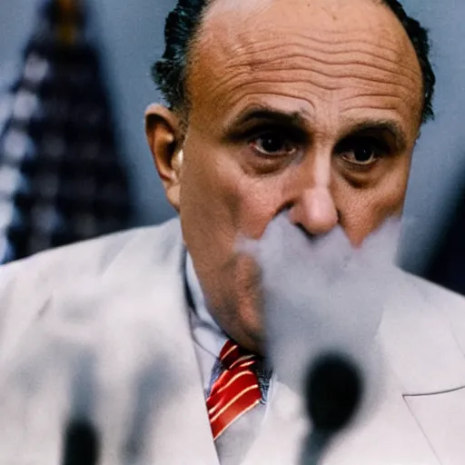 Prompt: closeup hyper detailed portait film color photograph of rudy giuliani looking very upset and frightened covered in white powder holding an envelope