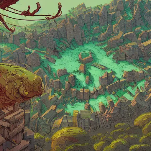 Image similar to cell shaded adult animation, a birds eye view overlooking a walled off ancient fantasy city being attacked by horrific monsters, surrounded by mountains and trees of greens and browns, rivers, concept art by josan gonzales and wlop, Laurie Greasley, Jordan Grimmer, Beksiński and james jean, highly detailed, sharp focus, Trending on Artstation, HQ, deviantart, art by artgem