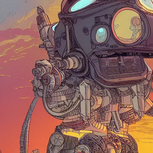 Image similar to hyper detailed comic illustration close up of a young explorer wearing a cyberpunk headpiece sitting on the head of a giant robot watching the sunset in the distance, by Josan Gonzalez and Geof Darrow, highly detailed, 8k wallpaper