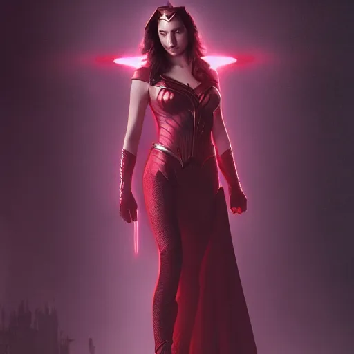 Image similar to a potrait of Gal Gadot as Scarlet witch by Greg Rutkowski, Sung Choi, Mitchell Mohrhauser, Maciej Kuciara, Johnson Ting, Maxim Verehin, Peter Konig, 8k photorealistic, cinematic lighting, HD, high details, dramatic, trending on artstation, full body shot