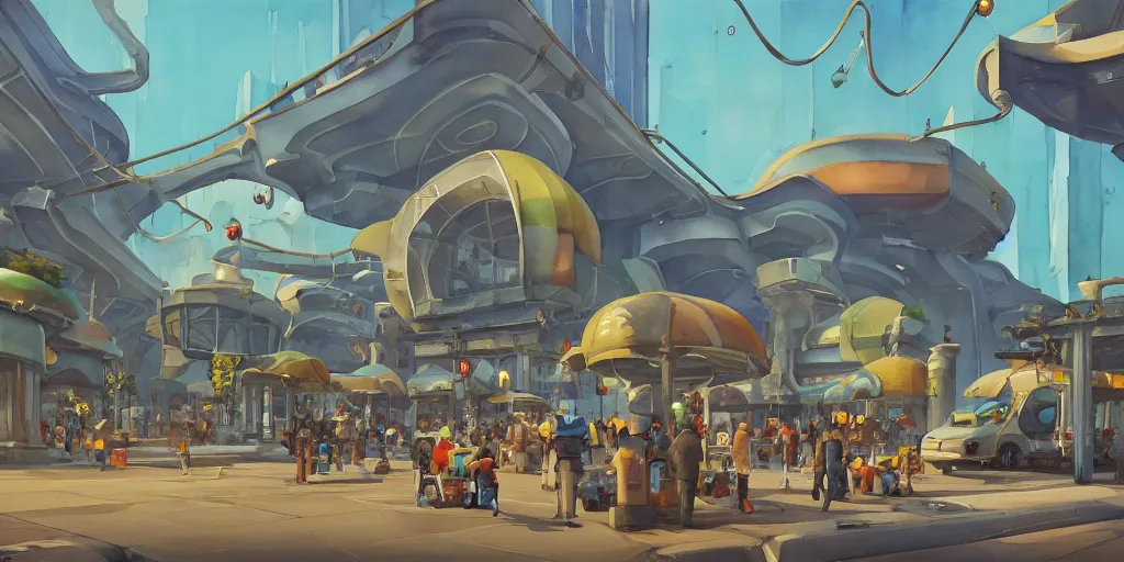 Prompt: overwatch building, stylized, exterior, architecture, in watercolor gouache detailed paintings, insanely detail, artstation, 8 k, futuristic, big medium small, arcane, simon stalenhag, food stall, interesting shapes & form, golden ratio, megastructures, vitaly bulgarov, mall, jungle, environment, nature