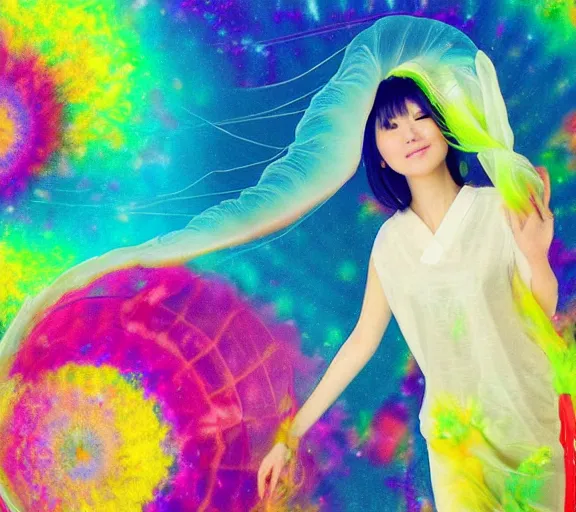 Image similar to abstract beautiful japanese woman jellyfish silk clothing colorful wind