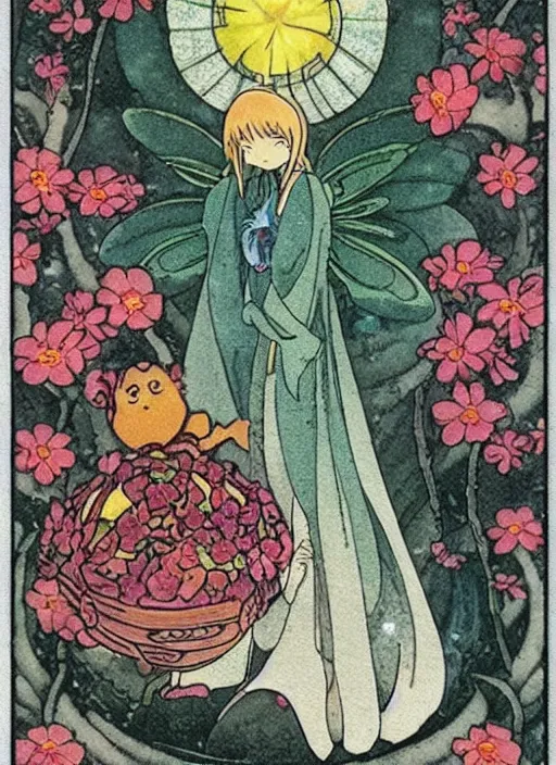 Image similar to fairy floral tarot card by Hayao miyazaki