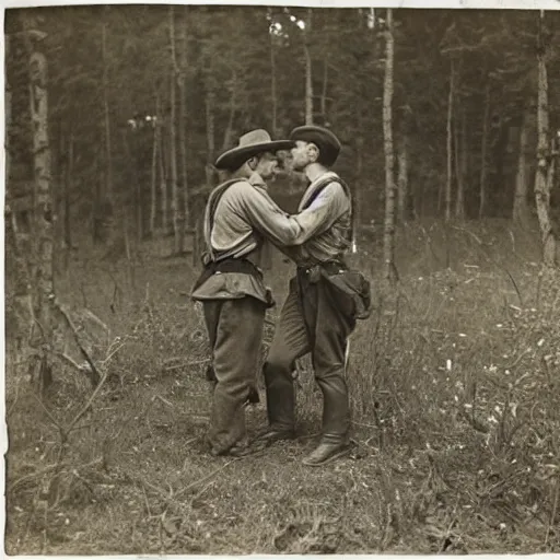 Image similar to two cowboys kissing on a camp in the woods, vintage photography