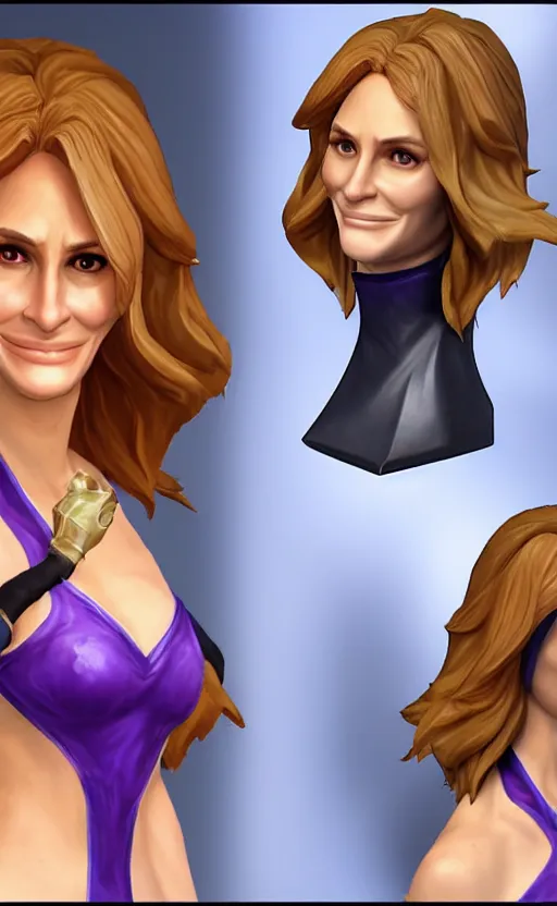 Image similar to Julia Roberts as a character in the game League of Legends, with a background based on the game League of Legends, detailed face, old 3d graphics