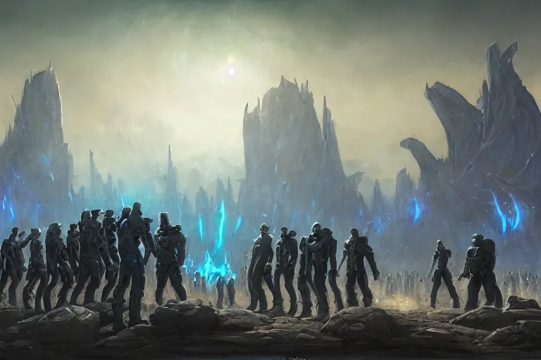 Prompt: ancient alien portral, a crowd of androids lined up for the portal, pilgrimage, in mad max style, stargate, coriolios rpg art style, full of details, dark sci - fi, cold blue colors, matte painting, artstation, 8 k, hyperrealistic, style of peter mohrbacher