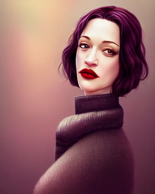 Prompt: kat dennings christina hendricks jennifer tilly, in wooly sweater, belt, plump lips, big eyes, by wlop and ilya kuvshinov and artgerm, gorgeous, stunning, alluring, artstation, deviantart, digital art