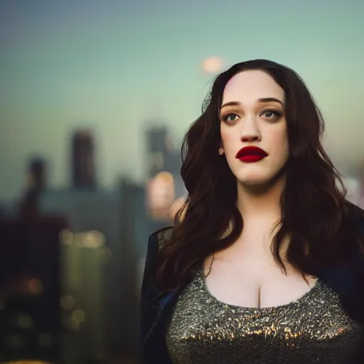 Prompt: a still of KAT DENNINGS. Shallow depth of field. City at night in background, lights, colors ,studio lighting, mood, 4K. Profession photography