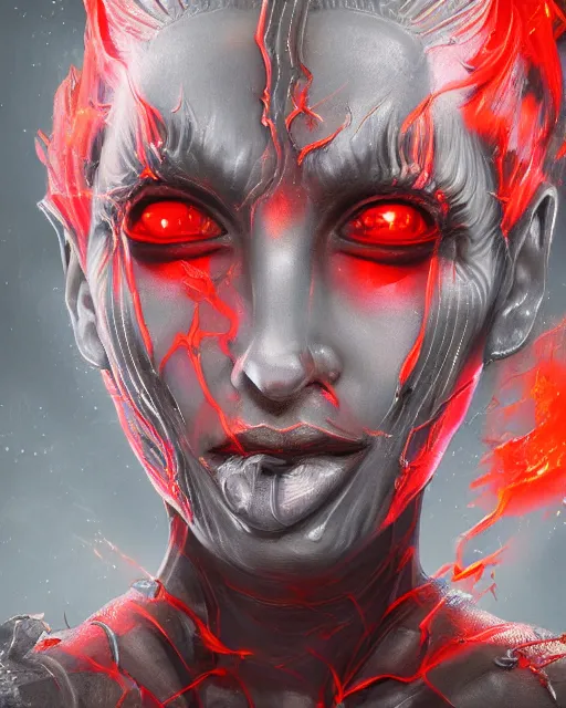 Image similar to Fantasy character portrait of distorted detailed painting of a queen woman made of grey stone, hyper detailed, red flames, trending on Artstation, 8k resolution, full HD, cinematic lighting, award winning, anatomically correct