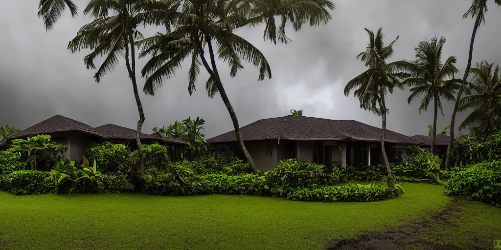 Prompt: a Hawaiian villa in the middle of an tropical forest, ominous Sky, gloomy atmosphere, cinematic, mist, High definition, 8k, ultra detailed