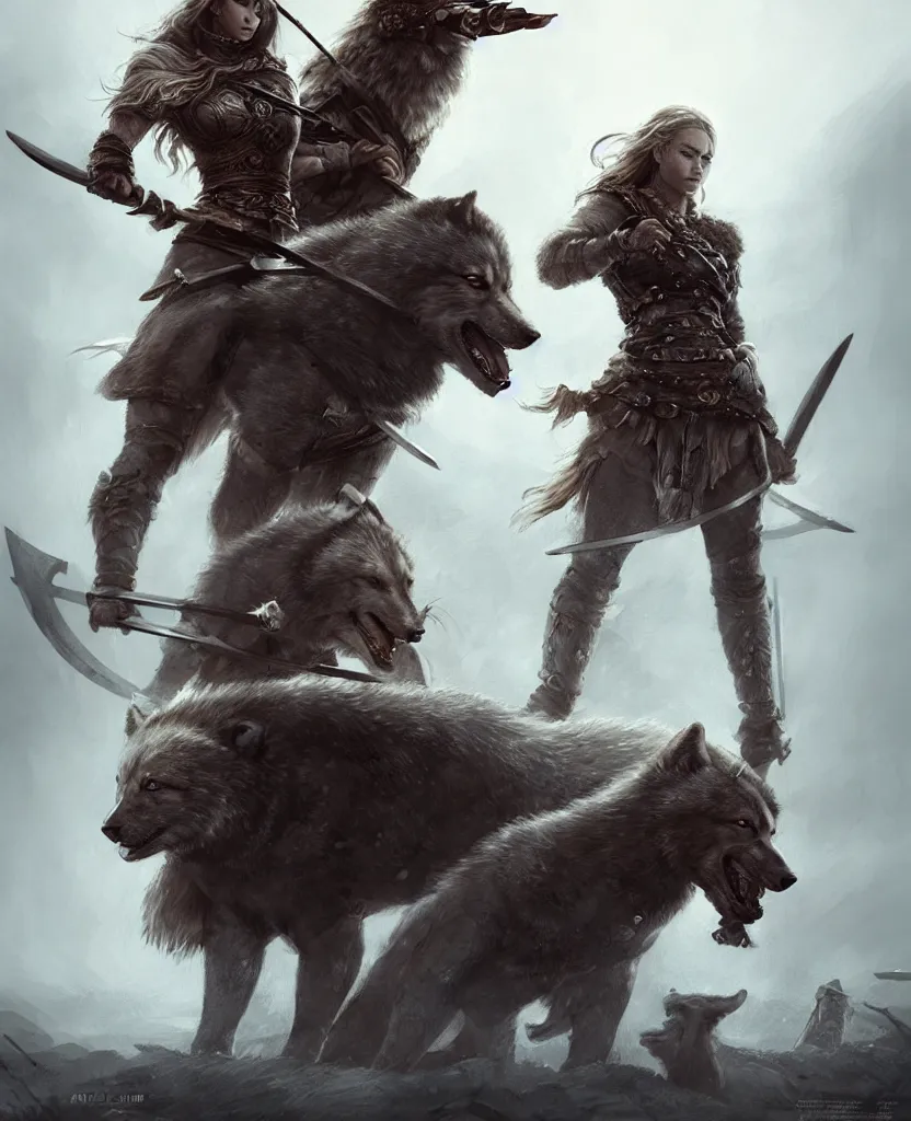 Image similar to a gorgeous!! woman resembling alicia vikander as a viking warrior accompanied by a dire wolf on the battlefield surrounded by the fallen | drawn by wlop, drawn by jeehyung lee, drawn by argerm | intricate, highly detailed, ultra graphics, digital painting, artstation