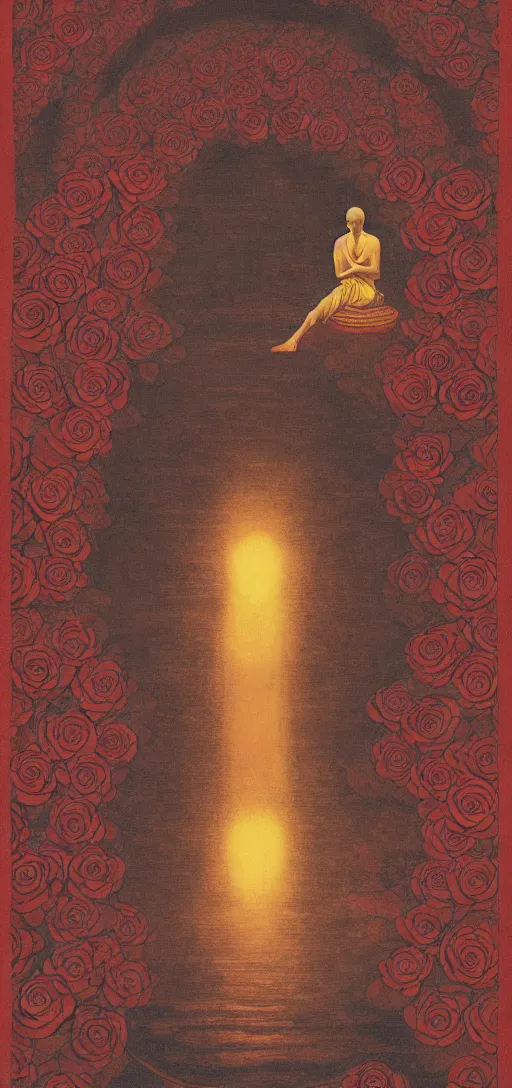 Prompt: Serene Buddhist Monk experiencing ego death | red roses | 19th century wood-engraving , whole page illustration , rule of thirds, art in the style of greg rutkowski and thomas kinkade and Larry Elmore, surrealism, in the style of rene magritte