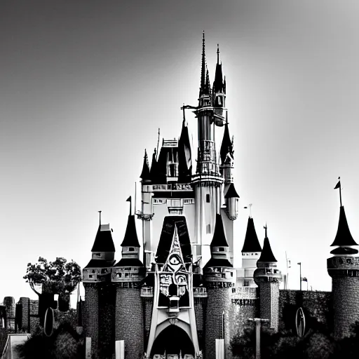 Image similar to the Disney castle in a nightmare, black and white