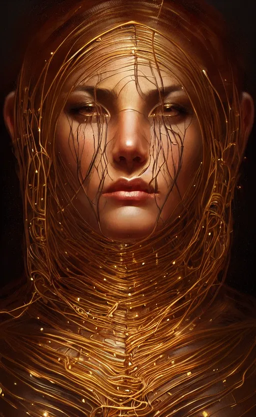 Prompt: portrait of a dark goddess, gold wires, visible veins and nerves, intricate, headshot, highly detailed, digital painting, artstation, concept art, sharp focus, cinematic lighting, illustration, art by artgerm and greg rutkowski, alphonse mucha, cgsociety