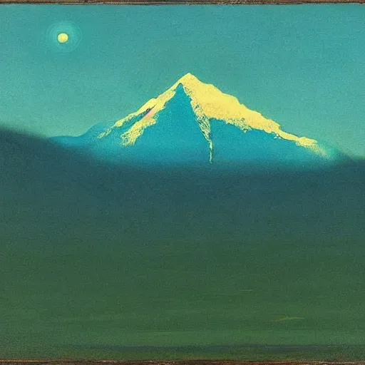 Image similar to mt elbrus at night, the moon refraction distorted edges, arkhip kuindzhi painting, teal palette