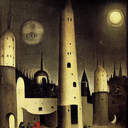 Prompt: black mosque by hieronymus bosch