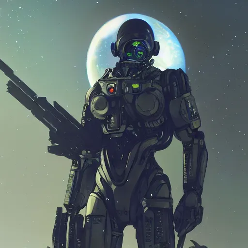 Image similar to award winning, extremely photorealistic, bokeh, beautiful detail, stars in the sky, cybernetic, sci-fi space game art, jeon Jungkook holding a gun. alien planet art by Akihito Yoshitomi AND Yoji Shinkawa AND Greg Rutkowski, Mark Arian trending on artstation