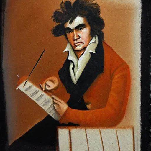 Prompt: beethoven. he's playing a rock music. oil paper on weathered paper