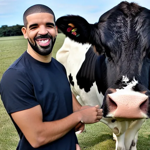 Image similar to drake smiling, with a cow