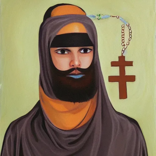 Prompt: a robot who wears muslim clothes, has a long beard, holds a rosary, and wears an arab abaya, oil painting