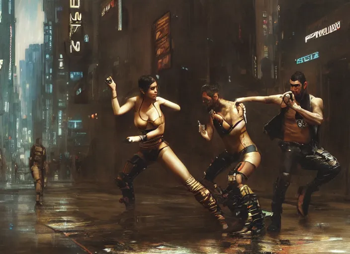 Prompt: blade runner fighting android replicants ( blade runner 2 0 4 9, cyberpunk 2 0 7 7 character design ). orientalist portrait by john william waterhouse and james gurney and theodore ralli and nasreddine dinet, oil on canvas. cinematic, hyper realism, realistic proportions, dramatic lighting, high detail 4 k