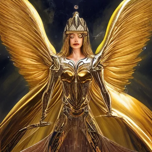 Prompt: a beautiful angel with a golden helmet wearing a silver armor with golden ornaments and diamonds jewelry, wings by alex gray and android jones, karol bak, ayami kojima, amano, concept art, character design, fantasy, 3 d, 8 k resolution