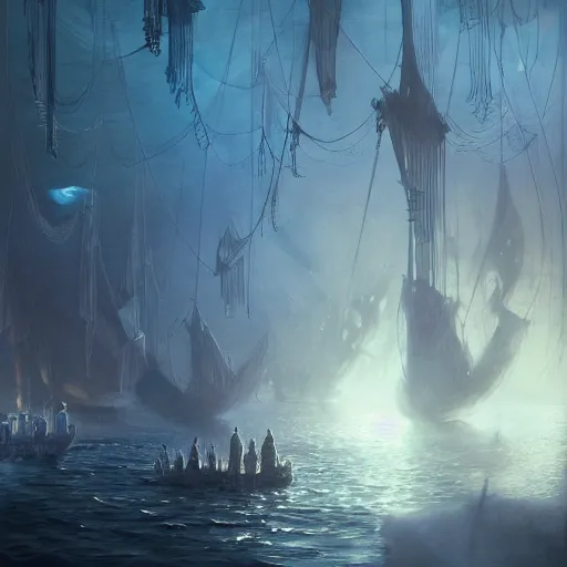 Image similar to D&D fantasy blue ghost spirits floating on a ship lower deck, intricate, elegant, highly detailed, D&D, digital painting, artstation, concept art, matte painting, sharp focus, illustration, glowing light and shadow, atmospheric, shadowy, cinematic, in the style of Greg Rutkowski